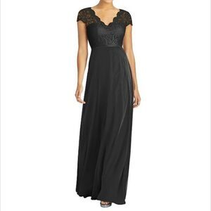 Dessy Collection Black Cap Sleeve Illusion-Back Lace & Chiffon Dress Size 16
